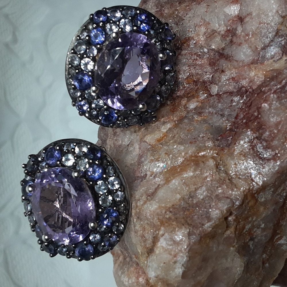 925 Genuine Amethyst And Gemstones Omega Back Earrings. PRICE IS FIRM
